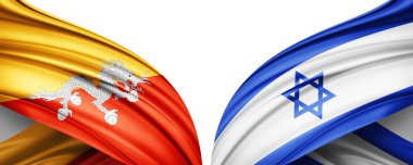 Bhutan ve İsrail ipek bayrağı metin, resim ve beyaz arkaplan için kopyalama alanı ile. 3B illüstrasyon