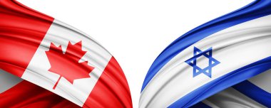 Kanada ve İsrail ipek bayrağı. Metinleriniz, resimleriniz ve beyaz arkaplanınız için kopyalama alanı var. 3B illüstrasyon
