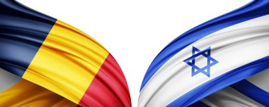 Çad ve İsrail ipek bayrağı. Metinleriniz, resimleriniz ve beyaz arkaplanınız için kopyalama alanı var. 3B illüstrasyon