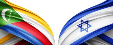 Metinleriniz, resimleriniz ve beyaz arkaplanınız için kopya alanı olan komorolar ve İsrail ipek bayrağı. 3B illüstrasyon