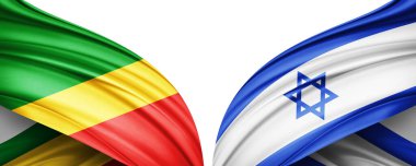 Kongo Cumhuriyeti ve İsrail ipek bayrağı metin, resim ve beyaz arkaplan için kopyalama alanı ile. 3B illüstrasyon