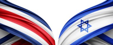 Kosta Rika ve İsrail ipek bayrağı. Metinleriniz, resimleriniz ve beyaz arkaplanınız için kopyalama alanı var. 3B illüstrasyon