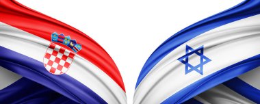 Hırvatistan ve İsrail ipek bayrağı, metin veya resimleriniz ve beyaz arkaplanınız için kopya alanı ile birlikte. 3B illüstrasyon