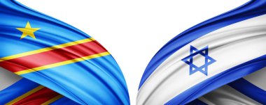 Kongo Demokratik Cumhuriyeti ve İsrail ipek bayrağı metin, görüntü ve beyaz arkaplan için kopyalama alanı ile. 3B illüstrasyon