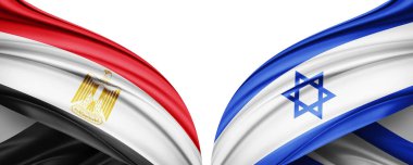 Mısır ve İsrail ipek bayrağı. Metinleriniz, resimleriniz ve beyaz arkaplanınız için kopyalama alanı var. 3B illüstrasyon