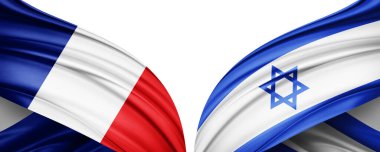 Fransa ve İsrail ipek bayrağı. Metinleriniz, resimleriniz ve beyaz arkaplanınız için kopyalama alanı var. 3B illüstrasyon
