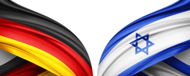 Almanya ve İsrail ipek bayrağı. Metinleriniz, resimleriniz ve beyaz arkaplanınız için kopyalama alanı var. 3B illüstrasyon