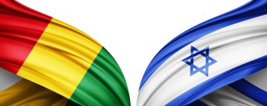 Gine ve İsrail ipek bayrağı metin, resim ve beyaz arkaplan için kopyalama alanı ile. 3B illüstrasyon