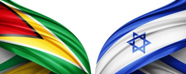 Guyana ve İsrail ipek bayrağı metin, resim ve beyaz arkaplan için kopyalama alanı ile. 3B illüstrasyon