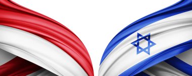 Endonezya ve İsrail ipek bayrağı. Metinleriniz, resimleriniz ve beyaz arkaplanınız için kopyalama alanı var. 3B illüstrasyon