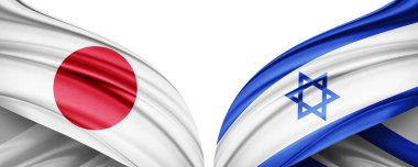 Japonya ve İsrail ipek bayrağı. Metinleriniz, resimleriniz ve beyaz arkaplanınız için kopyalama alanı var. 3B illüstrasyon