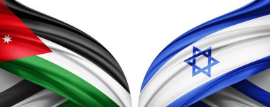 Ürdün ve İsrail ipek bayrağı metin veya resimleriniz ve beyaz arkaplanınız için kopya alanı ile. 3B illüstrasyon