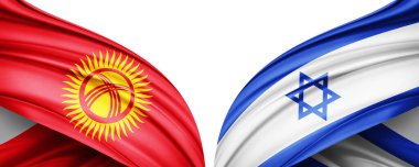 Kırgızistan ve İsrail ipek bayrağı metin, resim ve beyaz arkaplan için kopyalama alanı ile. 3B illüstrasyon
