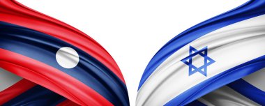 Laos ve İsrail ipek bayrağı. Metinleriniz, resimleriniz ve beyaz arkaplanınız için kopyalama alanı var. 3B illüstrasyon