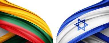 Litvanya ve İsrail ipek bayrağı. Metinleriniz, resimleriniz ve beyaz arkaplanınız için kopyalama alanı var. 3B illüstrasyon