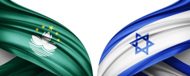 Makao ve İsrail ipek bayrağı. Metinleriniz, resimleriniz ve beyaz arkaplanınız için kopyalama alanı var. 3B illüstrasyon