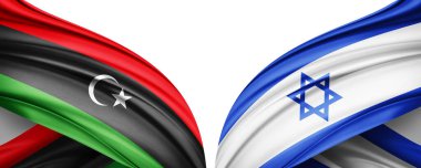 Libya ve İsrail ipek bayrağı metin veya resimleriniz ve beyaz arkaplanınız için kopya alanı ile. 3B illüstrasyon