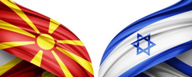 Makedonya ve İsrail ipek bayrağı, metin veya resimleriniz ve beyaz arkaplanınız için kopya alanı ile birlikte. 3B illüstrasyon