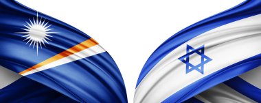 Marshall ve İsrail ipek bayrağı. Metinleriniz, resimleriniz ve beyaz arkaplanınız için kopyalama alanı var. 3B illüstrasyon