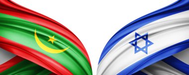 Moritanya ve İsrail ipek bayrağı. Metinleriniz, resimleriniz ve beyaz arkaplanınız için kopyalama alanı var. 3B illüstrasyon