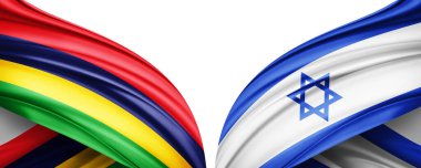 Mauritius ve İsrail ipek bayrağı metin, resim ve beyaz arkaplan için kopyalama alanı ile. 3B illüstrasyon