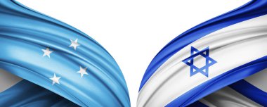 Mikronezya ve İsrail ipek bayrağı metin, resim ve beyaz arkaplan için kopyalama alanı ile. 3B illüstrasyon