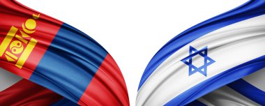 Moğolistan ve İsrail ipek bayrağı. Metinleriniz, resimleriniz ve beyaz arkaplanınız için kopyalama alanı var. 3B illüstrasyon