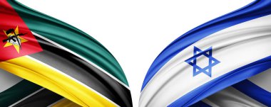 Mozambik ve İsrail ipek bayrağı metin veya resimleriniz ve beyaz arkaplanınız için kopya alanı ile. 3B illüstrasyon
