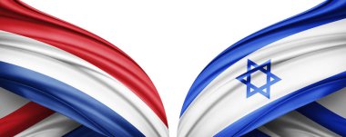 Yazı, resim ve beyaz arkaplan için kopya alanı olan Hollanda ve İsrail ipek bayrağı. 3B illüstrasyon