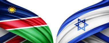 Namibya ve İsrail ipek bayrağı metin, resim ve beyaz arkaplan için kopyalama alanı ile. 3B illüstrasyon