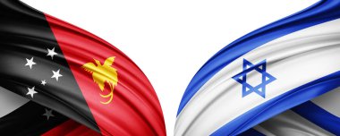 Yeni Gine ve İsrail ipek bayrağı. Metinleriniz, resimleriniz ve beyaz arkaplanınız için kopyalama alanı var. 3B illüstrasyon