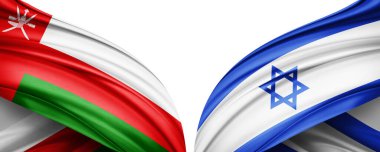 Umman ve İsrail ipek bayrağı. Metinleriniz, resimleriniz ve beyaz arkaplanınız için kopyalama alanı var. 3B illüstrasyon