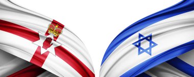 Kuzey İrlanda ve İsrail ipek bayrağı. Metinleriniz, resimleriniz ve beyaz arkaplanınız için kopyalama alanı var. 3B illüstrasyon