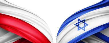 Polonya ve İsrail ipek bayrağı. Metinleriniz, resimleriniz ve beyaz arkaplanınız için kopya alanı var. 3B illüstrasyon