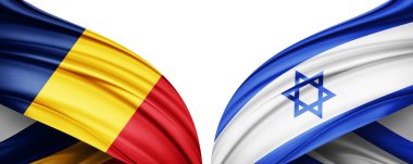 Romanya ve İsrail ipek bayrağı metin veya resimleriniz ve beyaz arkaplanınız için kopya alanı ile. 3B illüstrasyon