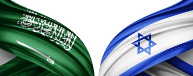 Suudi Arabistan ve İsrail ipek bayrağı. Metinleriniz, resimleriniz ve beyaz arkaplanınız için kopyalama alanı var. 3B illüstrasyon