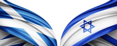 İskoçya ve İsrail ipek bayrağı. Metnin, resimlerin ve beyaz arkaplan için kopyalama alanı var. 3B illüstrasyon