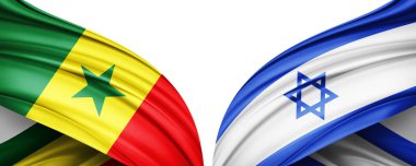 Senegal ve İsrail ipek bayrağı metin, resim ve beyaz arkaplan için kopyalama alanı ile. 3B illüstrasyon