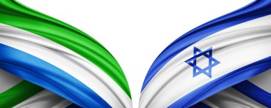 Sierra Leone ve İsrail ipek bayrağı. Metinleriniz, resimleriniz ve beyaz arkaplanınız için kopyalama alanı var. 3B illüstrasyon