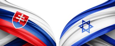 Slovakya ve İsrail ipek bayrağı metin veya resimleriniz ve beyaz arkaplanınız için kopya alanı ile. 3B illüstrasyon