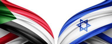 Sudan ve İsrail ipek bayrağı metin veya resimleriniz ve beyaz arkaplanınız için kopyalama alanı ile. 3B illüstrasyon