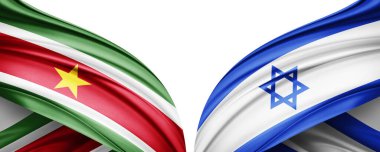 Metinleriniz, resimleriniz ve beyaz arkaplanınız için kopya alanı olan ipek bayrağı Surinam ve Israel bayrağı. 3B illüstrasyon