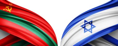 Transnistria ve İsrail ipek bayrağı metin, resim ve beyaz arkaplan için kopyalama alanı ile. 3B illüstrasyon