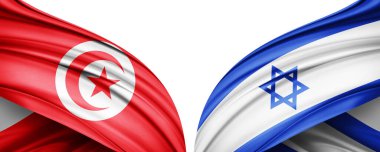 Tunus ve İsrail ipek bayrağı. Metinleriniz, resimleriniz ve beyaz arkaplanınız için kopyalama alanı var. 3B illüstrasyon