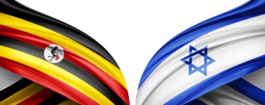 Uganda ve İsrail ipek bayrağı metin, resim ve beyaz arkaplan için kopyalama alanı ile. 3B illüstrasyon