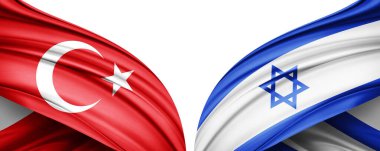 Türkiye ve İsrail ipek bayrağı, metin, resim ve beyaz arkaplan için kopya alanı ile birlikte. 3B illüstrasyon