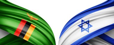 Zambiya ve İsrail ipek bayrağı metin veya resimleriniz ve beyaz arkaplanınız için kopyalama alanı ile. 3B illüstrasyon