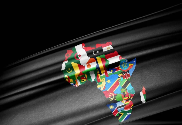 Bandeiras Africanas Mapas Seda Continente Fundo Preto — Fotografia de Stock