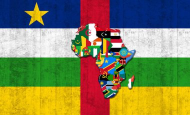 Afrika Dünyası 'nın bayrakları ve haritası olan Orta Afrika bayrağı eski bir duvar zeminine çizilmiş.