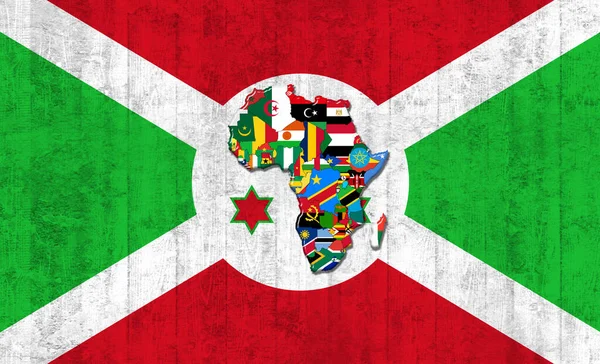 Burundská Vlajka Mapou Vlajkami Afrického Světa Namalovanými Starém Pozadí Zdi — Stock fotografie